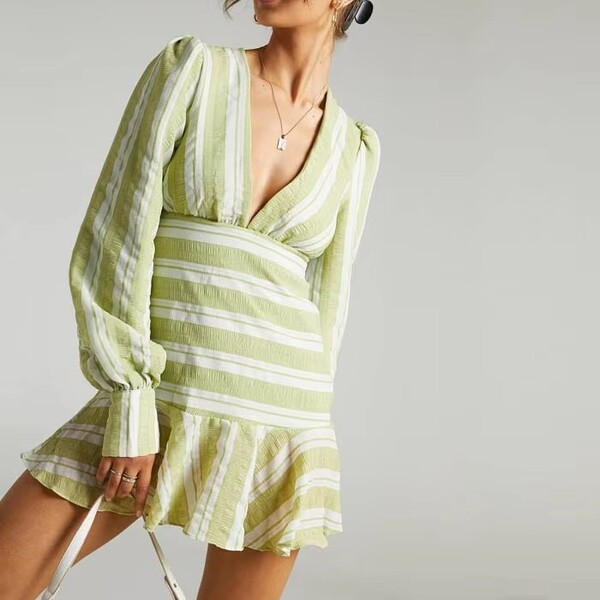 Womens V Neck Long Sleeve Ruffle Stripe One piece Mini Dress