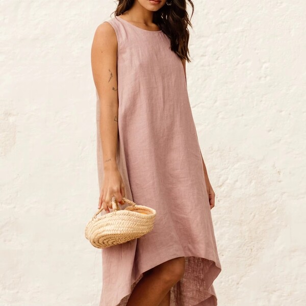 Sleeveless Solid Color Linen Dress