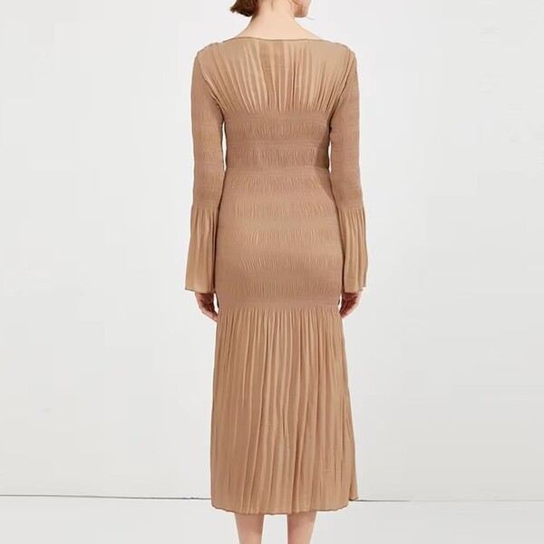 Solid Color Flared Sleeve Pleated Dress