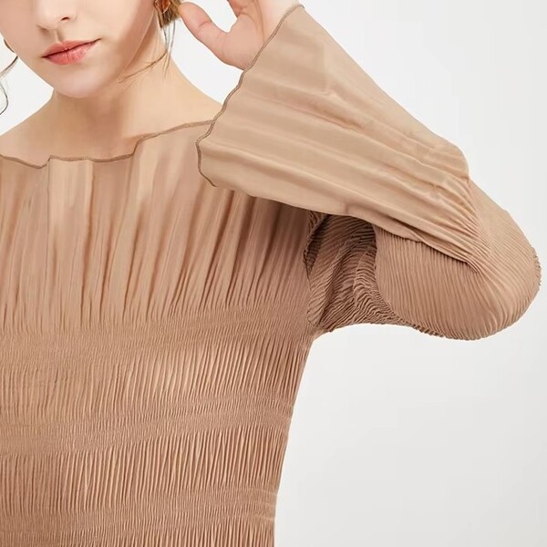 Solid Color Flared Sleeve Pleated Dress