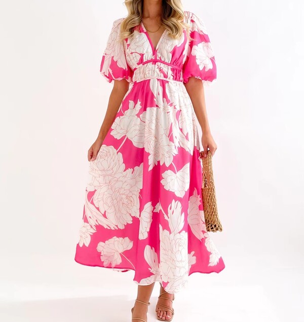 Printed Puffy Sleeve Elegant Dress
