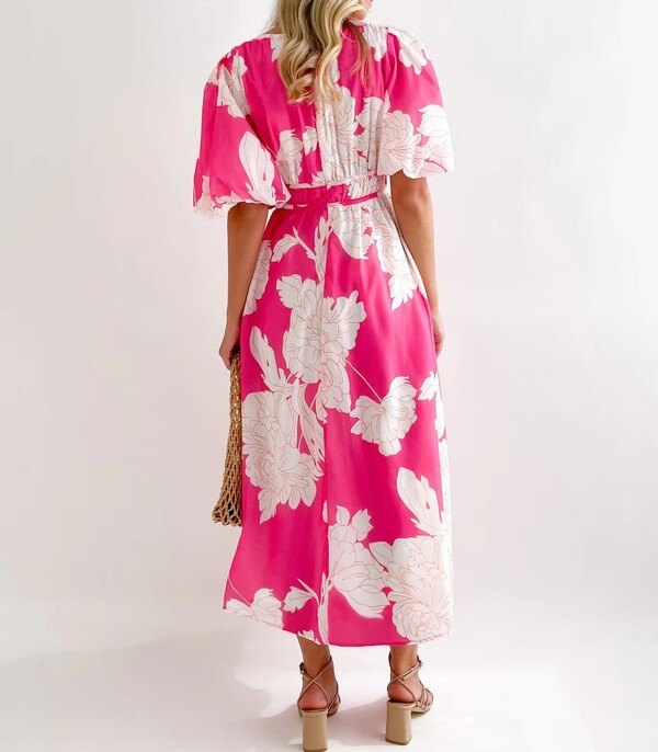 Printed Puffy Sleeve Elegant Dress