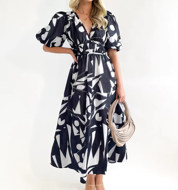 Printed Puffy Sleeve Elegant Dress