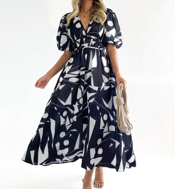 Printed Puffy Sleeve Elegant Dress