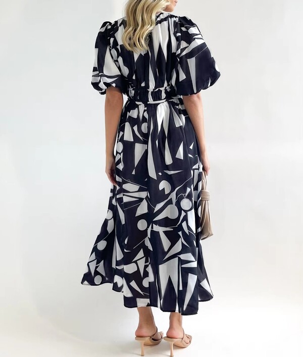 Printed Puffy Sleeve Elegant Dress