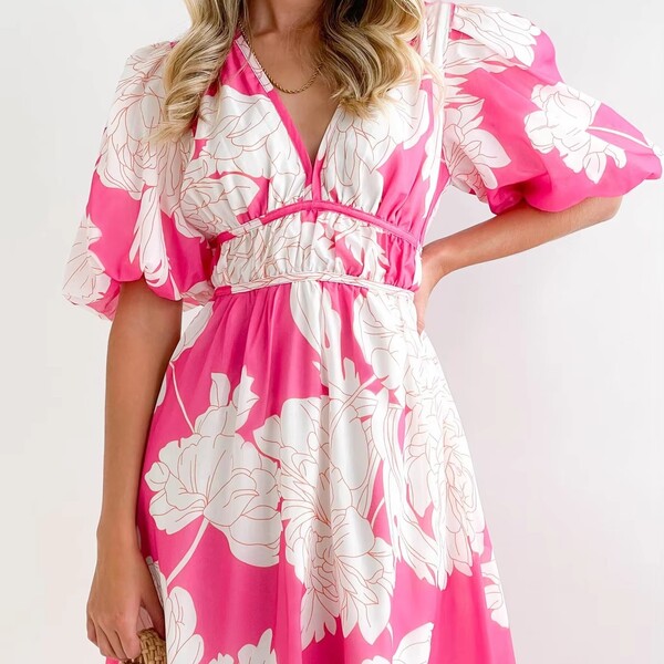 Printed Puffy Sleeve Elegant Dress