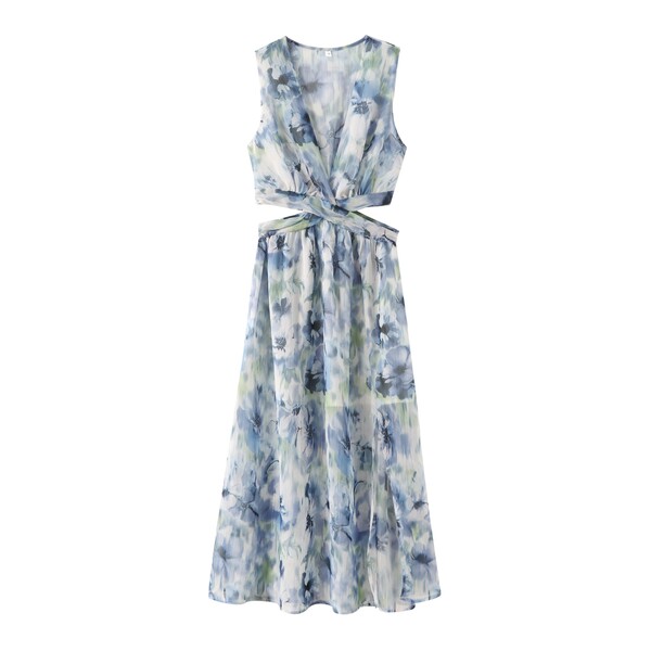 Vintage Pleated Cutout Printed Dress