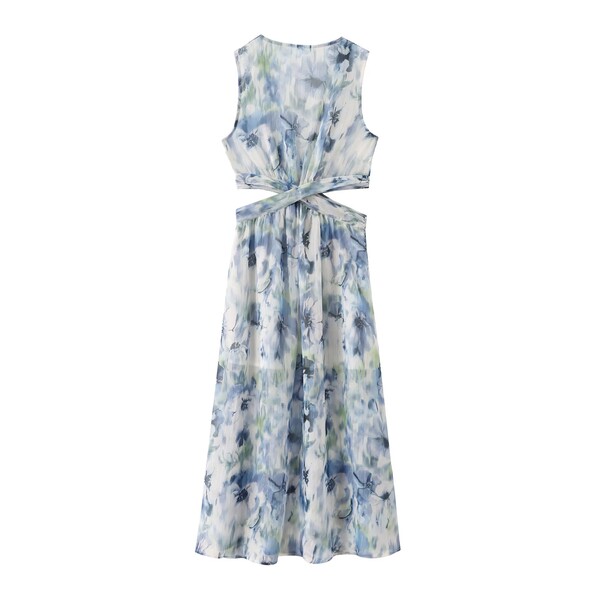 Vintage Pleated Cutout Printed Dress