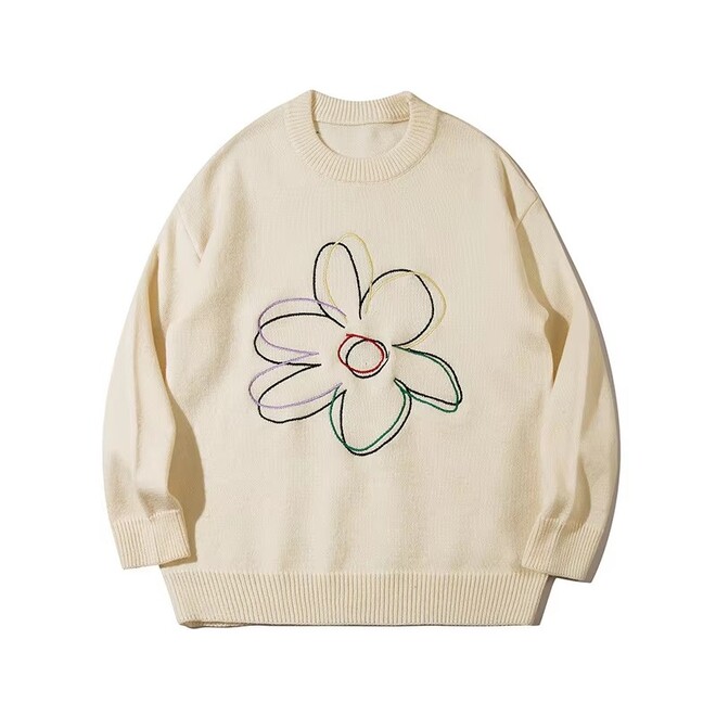 Mens Embroidered Floral Autumn Loose Knitted Sweater