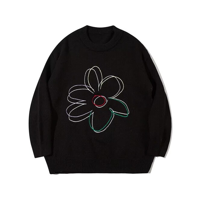 Mens Embroidered Floral Autumn Loose Knitted Sweater