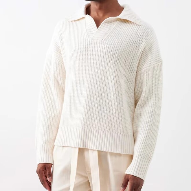 Vintage Turn Down Neck Ribbed Cotton Long Sleeve Sweater