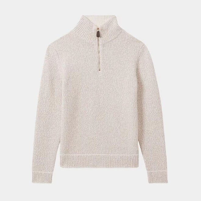 Wool Cotton Blend Zipped Funnel Neck Jumper Sweater