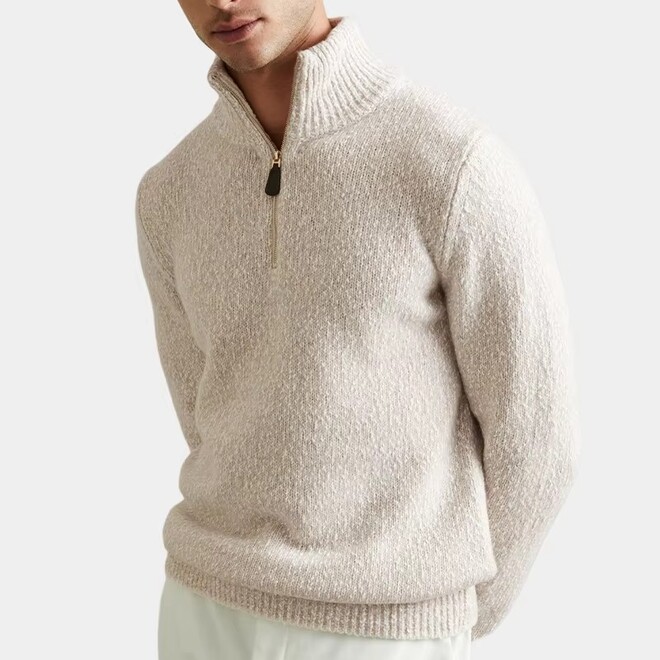 Wool Cotton Blend Zipped Funnel Neck Jumper Sweater