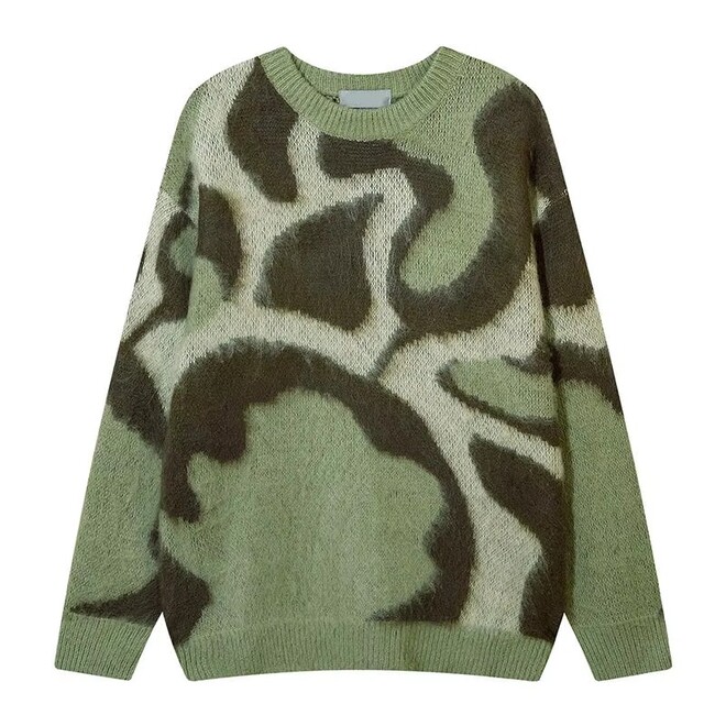 Drop Shoulder Fuzzy Jacquard Crew Neck Oversized Knitted Sweater