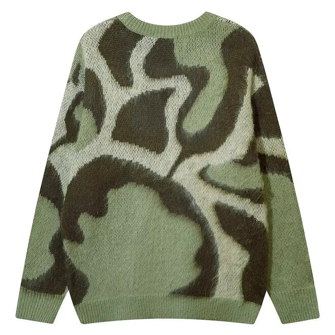 Drop Shoulder Fuzzy Jacquard Crew Neck Oversized Knitted Sweater