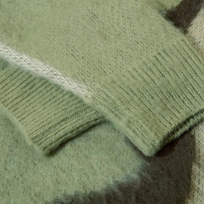 Drop Shoulder Fuzzy Jacquard Crew Neck Oversized Knitted Sweater