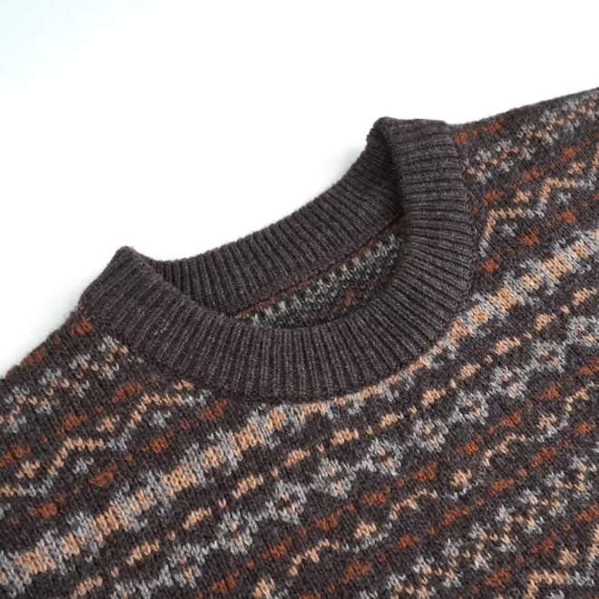 Long Sleeve Crew Neck Jacquard Brown Mens Wool Knitted Pullover Sweater