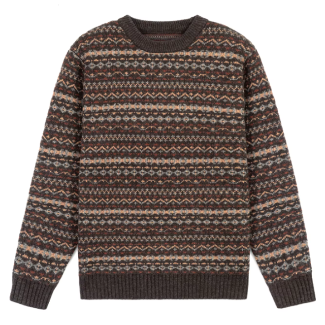 Long Sleeve Crew Neck Jacquard Brown Mens Wool Knitted Pullover Sweater