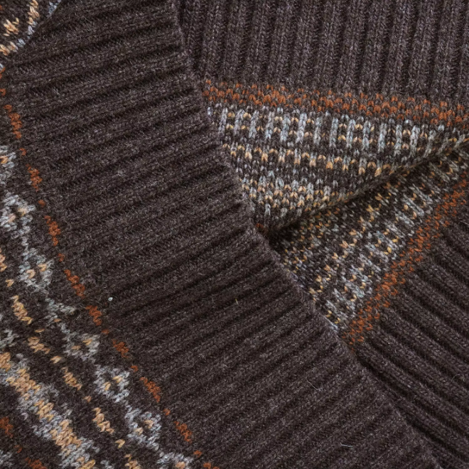 Long Sleeve Crew Neck Jacquard Brown Mens Wool Knitted Pullover Sweater