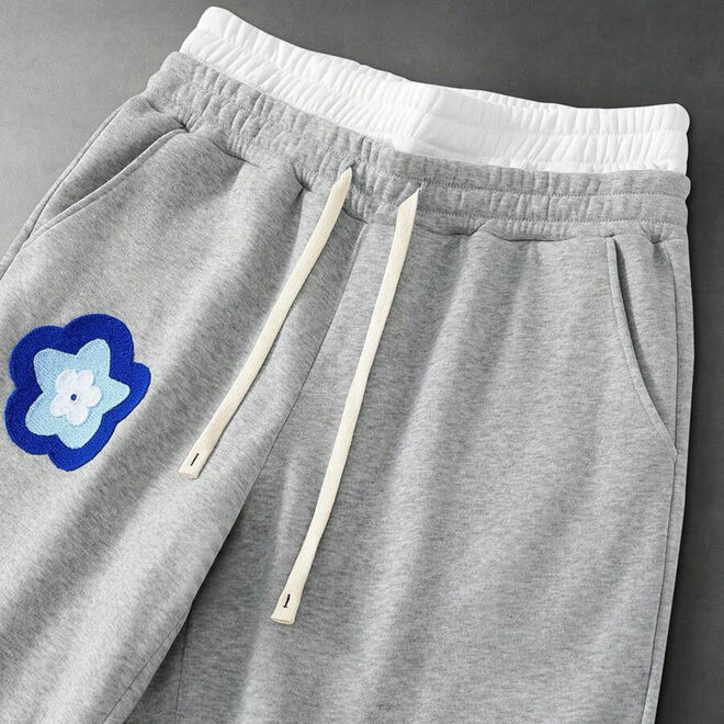 Mens Wide Leg Cotton Breathable Flower Embroidery Double Waistband Streetwear Pant