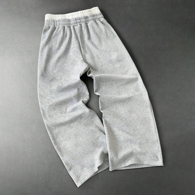 Mens Wide Leg Cotton Breathable Flower Embroidery Double Waistband Streetwear Pant