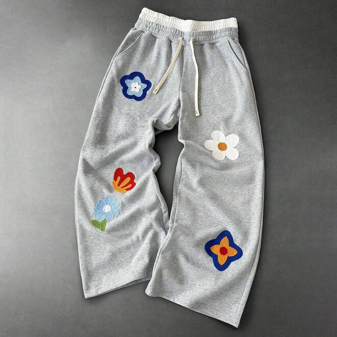 Mens Wide Leg Cotton Breathable Flower Embroidery Double Waistband Streetwear Pant