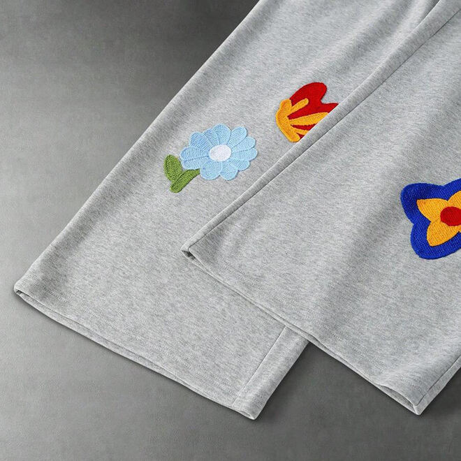 Mens Wide Leg Cotton Breathable Flower Embroidery Double Waistband Streetwear Pant