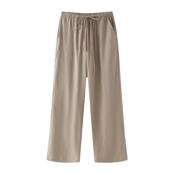 Womens Long Solid Color Elastic Waist Pocket Casual Pants